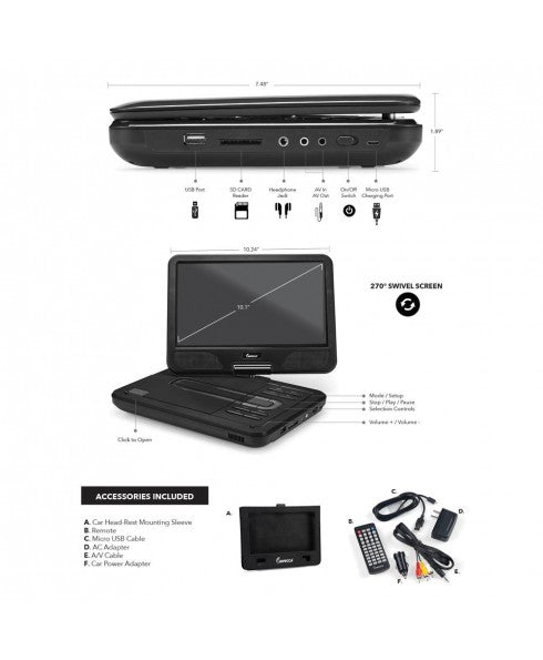 Impecca Portable All Region DVD Player with 10.1" Swivel Screen DVP-1018
