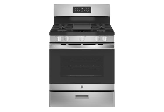 GE 30" Freestanding Stainless Steel Steam Clean Gas Range 5 Burners Separate Broiler Compartment 5.0 cu.ft. JGBS66REKSS